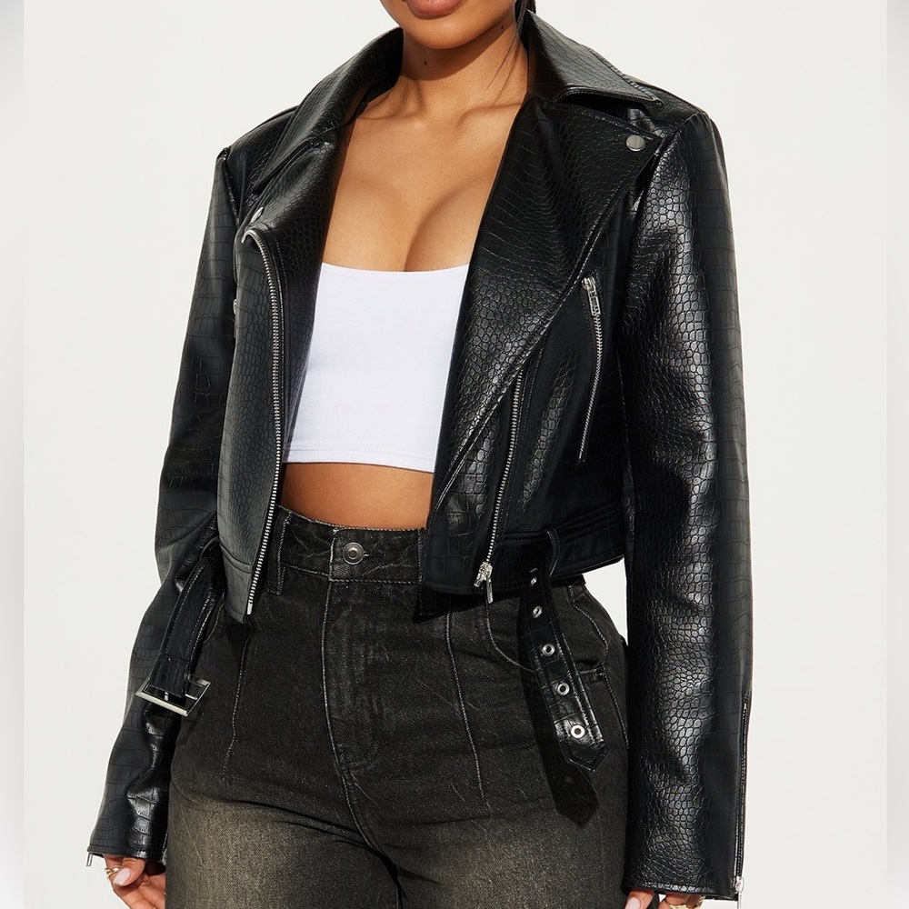 Black Croc-Embossed Women's Leather Jacket